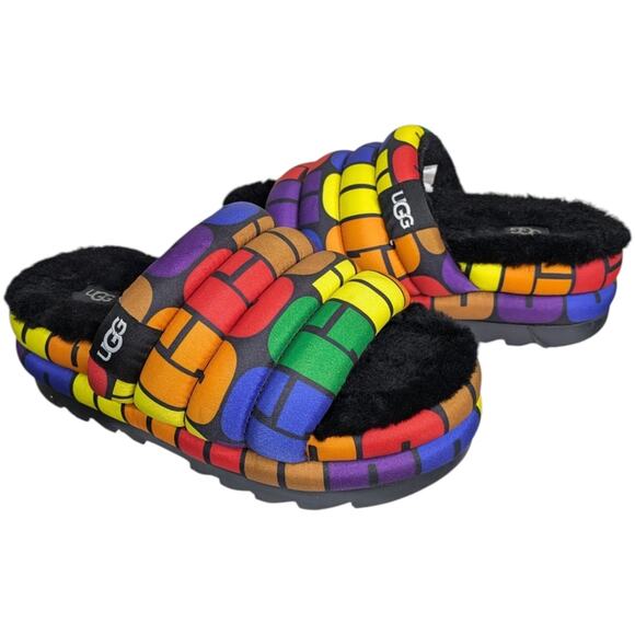 UGG Pride Maxi Rainbox Puff Slide Platform Sandals Womens 7 Multicolor Faux Fur - Picture 2 of 11